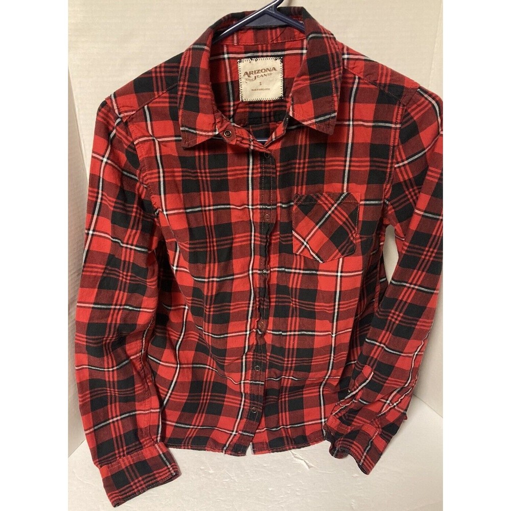 ARIZONA JEAN CO Juniors Size S Red Plaid Western Snap Shirt Roll Tab Sleeve